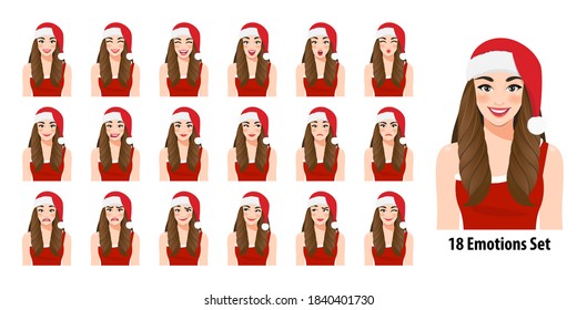 Christmas girl in red dress and christmas santa hat with different facial expressions set isolated in cartoon character style vector illustration