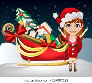 Christmas girl with Santa Claus Sleigh