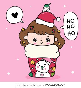 Christmas girl Santa kid in cute xmas sock snowman cartoon. Kawaii sticker. Series: ho ho ho (whimsical characters). Happy new year greeting card. Holiday cartoon kids winter season. Flat illustration