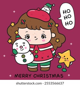 Christmas girl Santa kid hug cute snowman cartoon and magic star. Kawaii sticker. Series: ho ho ho xmas (whimsical characters). Happy new year greeting card. Holiday cartoon kids winter season. Flat