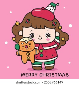 Christmas girl Santa kid hug cute gingerbread man cartoon. Kawaii sticker. Series: ho ho ho xmas (whimsical characters). Happy new year greeting card. Holiday cartoon kids winter season. Flat.