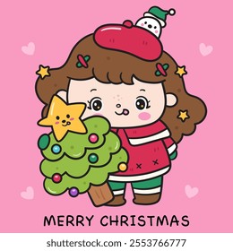 Christmas girl Santa kid hug cute xmas tree cartoon. Kawaii sticker. Series: ho ho ho (whimsical characters). Happy new year greeting card. Holiday cartoon kids winter season. Flat illustration.