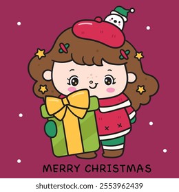 Christmas girl Santa kid hug cute xmas gift cartoon. Kawaii sticker. Series: ho ho ho (whimsical characters). Happy new year greeting card. Holiday cartoon kids winter season. Flat illustration.