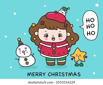 Christmas girl Santa kid with snowman cartoon and magic star. Kawaii sticker. Series: ho ho ho xmas (whimsical characters). Happy new year greeting card. Holiday cartoon kids winter season. Flat.