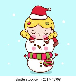 Christmas girl santa and snowman cartoon. X mas card (Happy new year kids) kawaii vector for fairy tale book. Perfect make a wish for celebration party children, princess party, pattern, background.