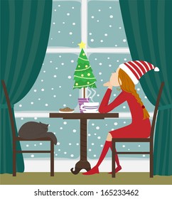 Christmas girl sitting at the table and looks out of the window. Vector Illustration.