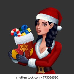 Christmas girl with sock. Vector illustration