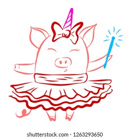 Christmas girl unicorn pig in a skirt with a magic wand in his hand. Vector illustration.