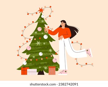 Christmas girl vector flat illustration. Young woman decorating Christmas tree.