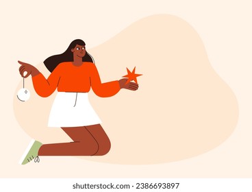 Christmas girl vector flat illustration. Young woman carrying Christmas ornaments. People celebrate New Year. Winter holidays. Christmas party 