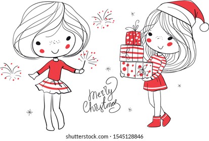 Christmas girls. Merry Christmas and Happy New Year vector card.