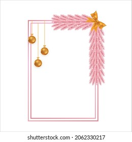 Christmas girly frame with pink pine leaves, snowflakes, golden ball. Xmas pink frame with ribbon. Merry Christmas pink decoration elements with a golden ribbon and golden balls. Christmas elements.