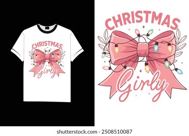 Christmas Girly Pink Coquette Bow tshirt design vector