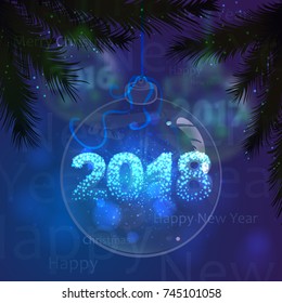 Christmas glass ball with Abstract Holiday blue Light Rays and characters 2018 on dark blur background. Greeting Christmas card design. Vector Illustration.