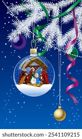 Christmas glass ball decoration with a Nativity scene hanging on a frost covered fir branch on a blue background. Vector illustration in 3d style