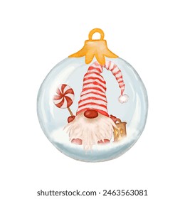 Christmas glass ball with gnome in red Santa hat with candy, vector holiday illustration