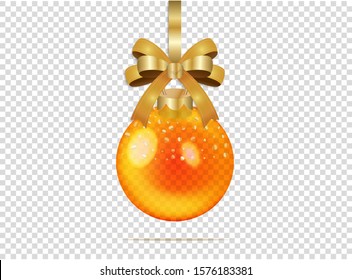 Christmas glass ball with golden circles and bow on a transparent background. Gold elegant realistic isolated object for your design and projects. Xmas stocking decoration. Vector illustration. EPS 10