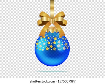 Christmas glass ball with golden stars and bow on a transparent background. Blue elegant realistic isolated object for your design and projects. Xmas stocking decoration. Vector illustration. EPS 10.