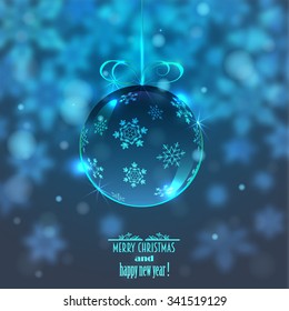 Christmas glass ball on blurred background with snowflakes, vector