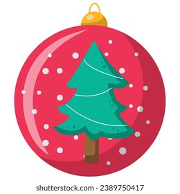 Christmas Glass Ball Ornament with Snow Inside. Xmas Tree Decoration Transparent Ball Hanging Vector Illustration