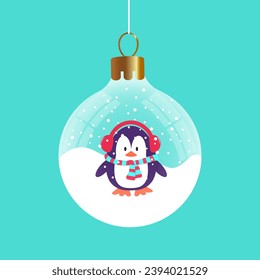 Christmas glass ball with penguin and snow. Vector design.