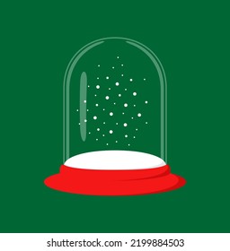 Christmas glass ball with a red pedestal and snowfall inside on a green background. Flat vector illustration