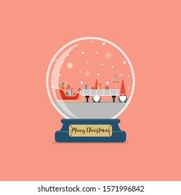 Christmas glass ball with santa factory. Santa sleigh waiting a gift boxes from robot belt machine