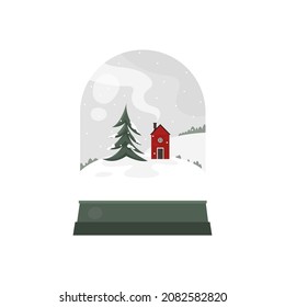 Christmas glass ball with christmas tree and house with snowflakes in flat style. New year town. Vector stock illustration