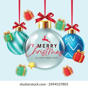 Christmas glass ball vector design. Merry christmas and happy new year greeting text with hanging xmas balls and gift box elements for holiday season decoration. Vector illustration greeting card