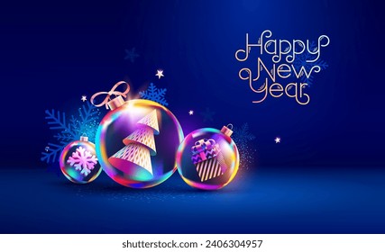 Christmas glass balls with colorful gift boxes and tree. 3D realistic New year decoration. Festive holiday background.