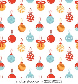 Christmas glass balls decor seamless pattern. Vector pattern with different Christmas tree balls on white background
