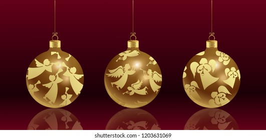 Christmas glass balls with a pattern of golden angels with a mirror reflection. Vector set. Realistic image on red background.