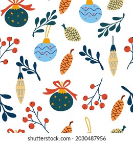 Christmas glass balls seamless pattern. Hand draw Glass Christmas tree toys, berries and twigs. Xmas holiday. Winter pattern, wrapping paper, pattern fills, winter greetings, web page background.