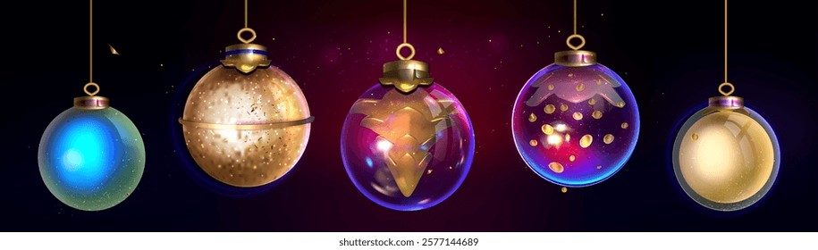 Christmas glass balls set isolated on black background. Vector realistic illustration of round toys for Xmas tree decoration with golden coins, shimmering particles, holiday interior design elements