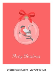 Christmas glass bauble. Bullfinch bird inside transparent Christmas ball with red ribbon. Christmas greeting card on red background. 