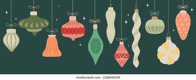 Christmas glass baubles on strings. Vintage balls and retro decor. Flat vector illustration