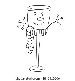 Christmas glass decorated with a cute smiling snowman, twigs with berries and striped scarf in doodle sketch style. Vector hand drawn  illustration on white background. Isolated black outline. 