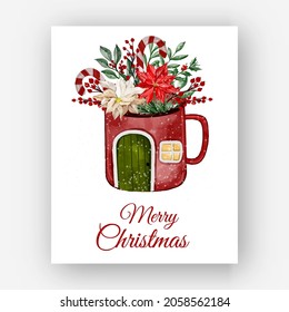 christmas glass house with flower poinsettia watercolor illustration