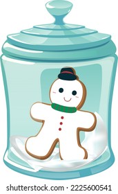 Christmas glass jar with snow and gingerbread snowman. Decoration and holiday decoration.