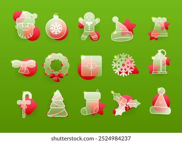 Ícone de morfismo de vidro de Natal definido no fundo verde. Sinais de feriado vetoriais