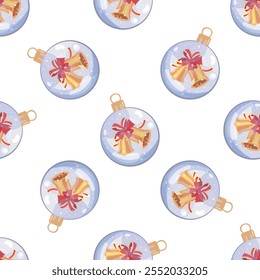 Christmas glass ornament seamless pattern  with golden bells and festive bow illustration