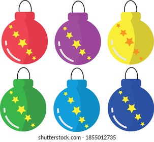 Christmas glass ornaments in red, yellow, green, light blue, purple, and dark blue
