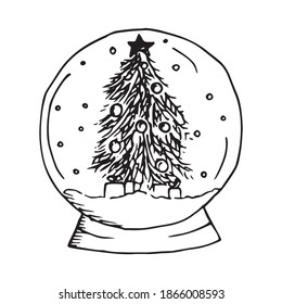 Christmas glass snow ball with pine tree with star, gift boxes and snow falling. Hand drawn vector illustration in sketch doodle style. Merry christmas and happy new year, gift children, symbol