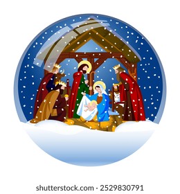 Christmas Glass Snow Globe with Scene of the Nativity of Christ and Adoration of the Magi inside isolated on white. Vector illustration in 3d style