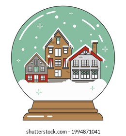 Christmas glass snow globe with a small houses. New Year gift. Flat vector illustration with winter landscape isolated on background.