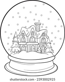 Christmas glass sphere. Winter House. Christmas Snow Globe. Coloring Page for Adults and Kids. Hand drawn.