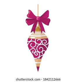 Christmas glass toy with a bow for decorating the tree in red and gold colors.Vector, white background, isolated.