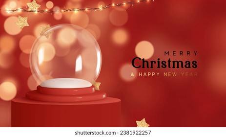 Christmas glass transparent empty magic snow globe on red background with round stand podium for products studio. Realistic 3d scene for mockup products. vector illustration