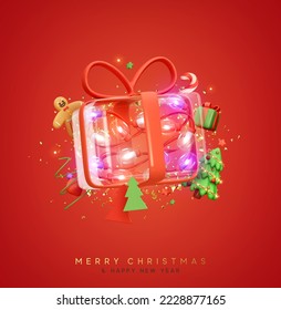 Christmas glass transparent gift box with bright light garlands inside. Christmas and New Year holiday background. Realistic 3d design. Xmas red  Backdrop with decorative elements. vector illustration