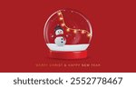 Christmas glass transparent with snowman inside and snow globe on red background with round stand podium for products studio. Realistic 3d scene for mockup products. vector illustration